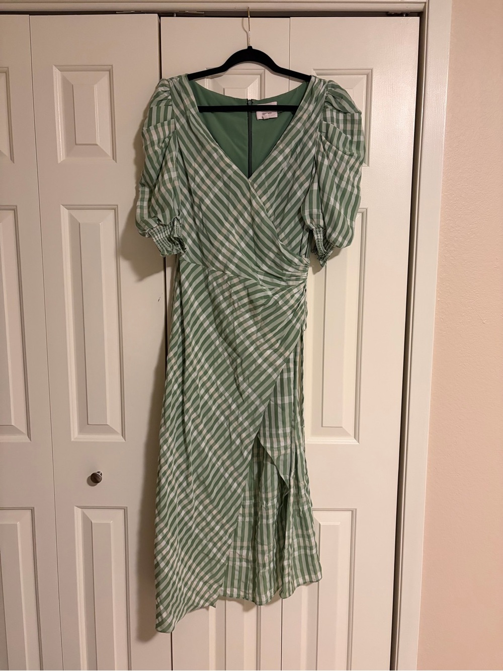 cinq a sept Mint and White Striped Wrap Midi Dress with Puff Sleeves